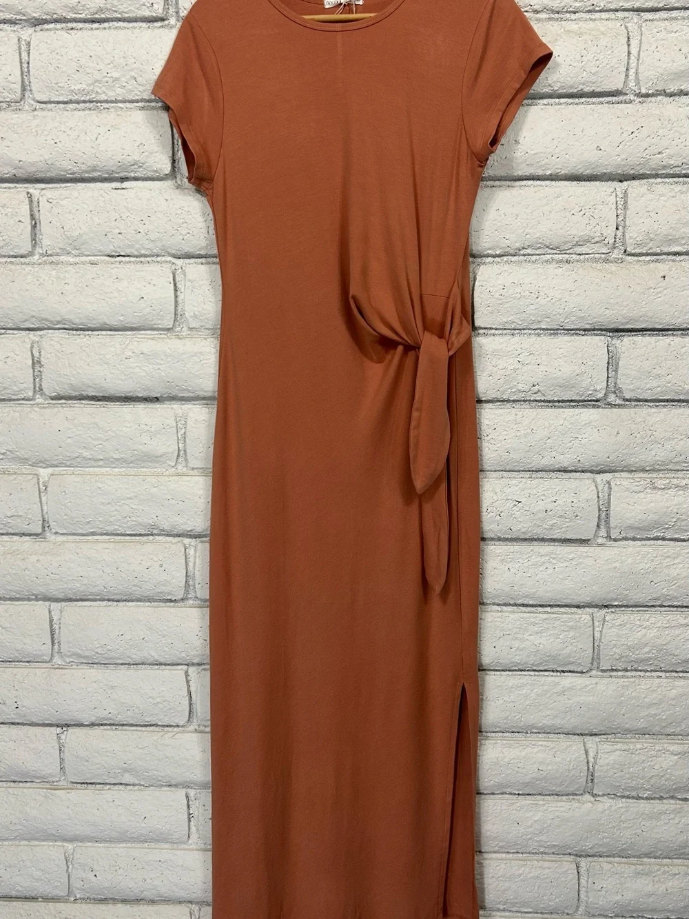 Be Cool Rust Tie Waist Midi Dress Side Slit Soft Stretch Large